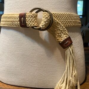 BRAIDED COTTON MACRAMÉ BELT WITH LEATHER ACCENTS AND BRONZE RINGS BUCKLE